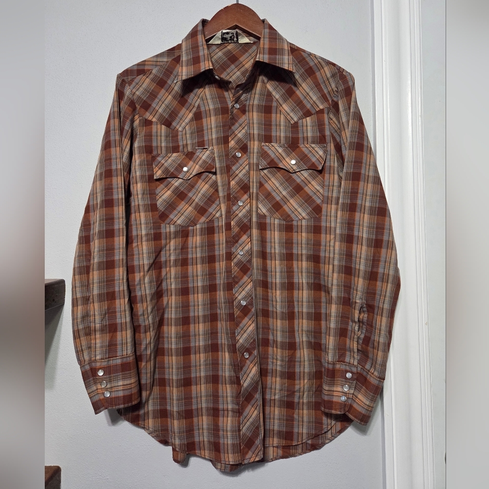 Chute#1 Brown/Tan Western Pearl Snap Cowboy Plaid Shirt Men's Size Medium 15 1/2